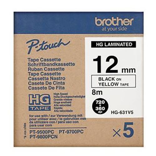 Brother originální páska do tiskárny štítků, Brother, HGE-631, černý tisk/žlutý podklad, 8