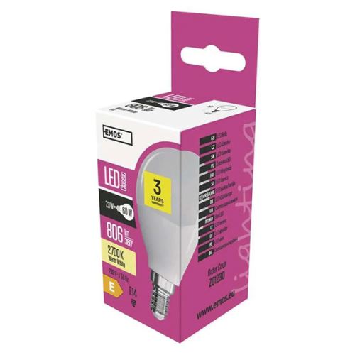 LED žárovka EMOS Lighting E14, 220-240V, 7.3W, 806lm, 2700k, teplá bílá, 30000h, Classic 8