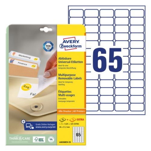 AVERY Snímatelné etikety 38,1x21,2mm, 65 etiket na A4, bílé