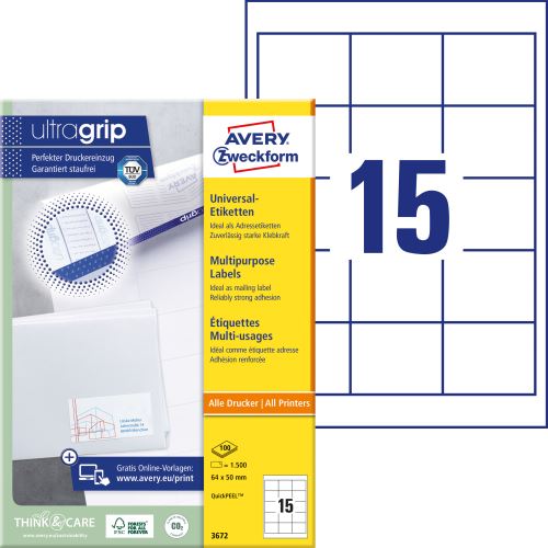 AVERY ZWECKFORM QuickPEEL 64x50 mm, 15 etiket, 100 listů, Univerzální etikety A4, bílé