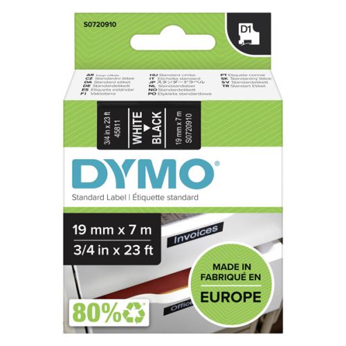 DYMO 45811, S0720910, bílý tisk/černý podklad, 7m, 19mm, D1