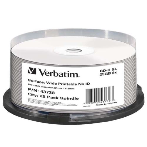 VERBATIM 43738 - BD-R Single Layer Wide Printable No ID Surface Hard Coat 25GB cake box