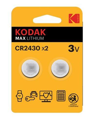 Baterie jednorázová lithiová, knoflíková, CR2430, 3V, Kodak, blistr, 2-pack, KOD-2430BL2,