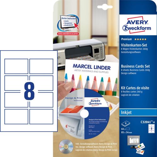 AVERY Sada vizitek včetně software, inkoust, DesignPro SE, 85x54 mm, 260g, bílé C32041-8