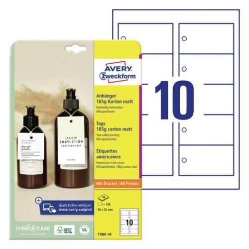 AVERY Visačky 90x50mm, Obdelník, 10etiket na A4 Potisk Inkoust Laser, 10A4 185g/m