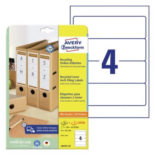 AVERY Recyklované etikety na pořadače 4etikety a A4, 61x192mm, Potisk Inkoust Laser 25A4