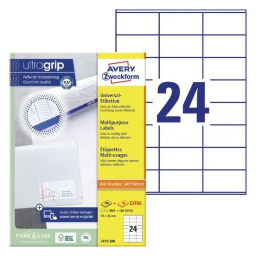 AVERY ZWECKFORM70x36 mm, 24 etiket,  200 listů, Univerzální etikety A4, bílé