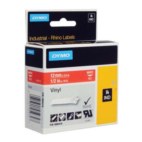 DYMO 1805416, bílý tisk/červený podklad, 5.5m, 12mm, RHINO vinylová profi D1