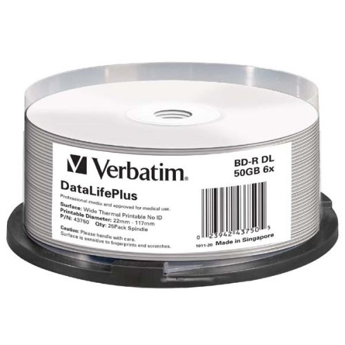 VERBATIM 43750 - BD-R DL+ Wide Thermal Printable No Id Surface Hard Coat 50GB spindle 6