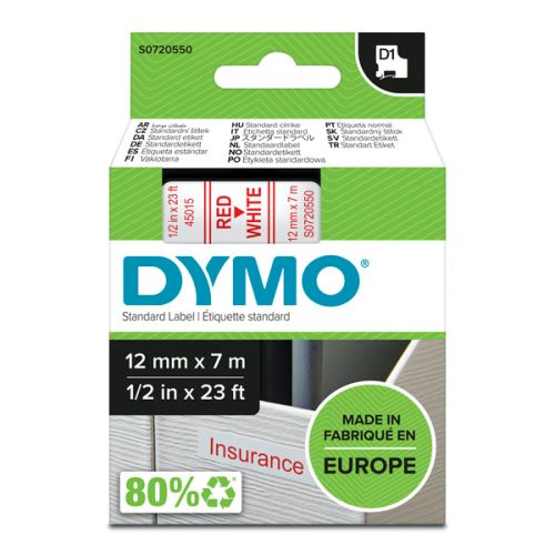 DYMO 45015, S0720550, červený tisk/bílý podklad, 7m, 12mm, D1