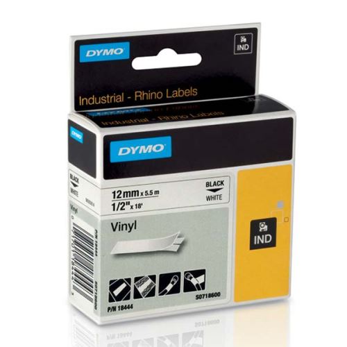 DYMO 18444, S0718600, černý tisk/bílý podklad, 5.5m, 12mm, RHINO vinylová profi D1